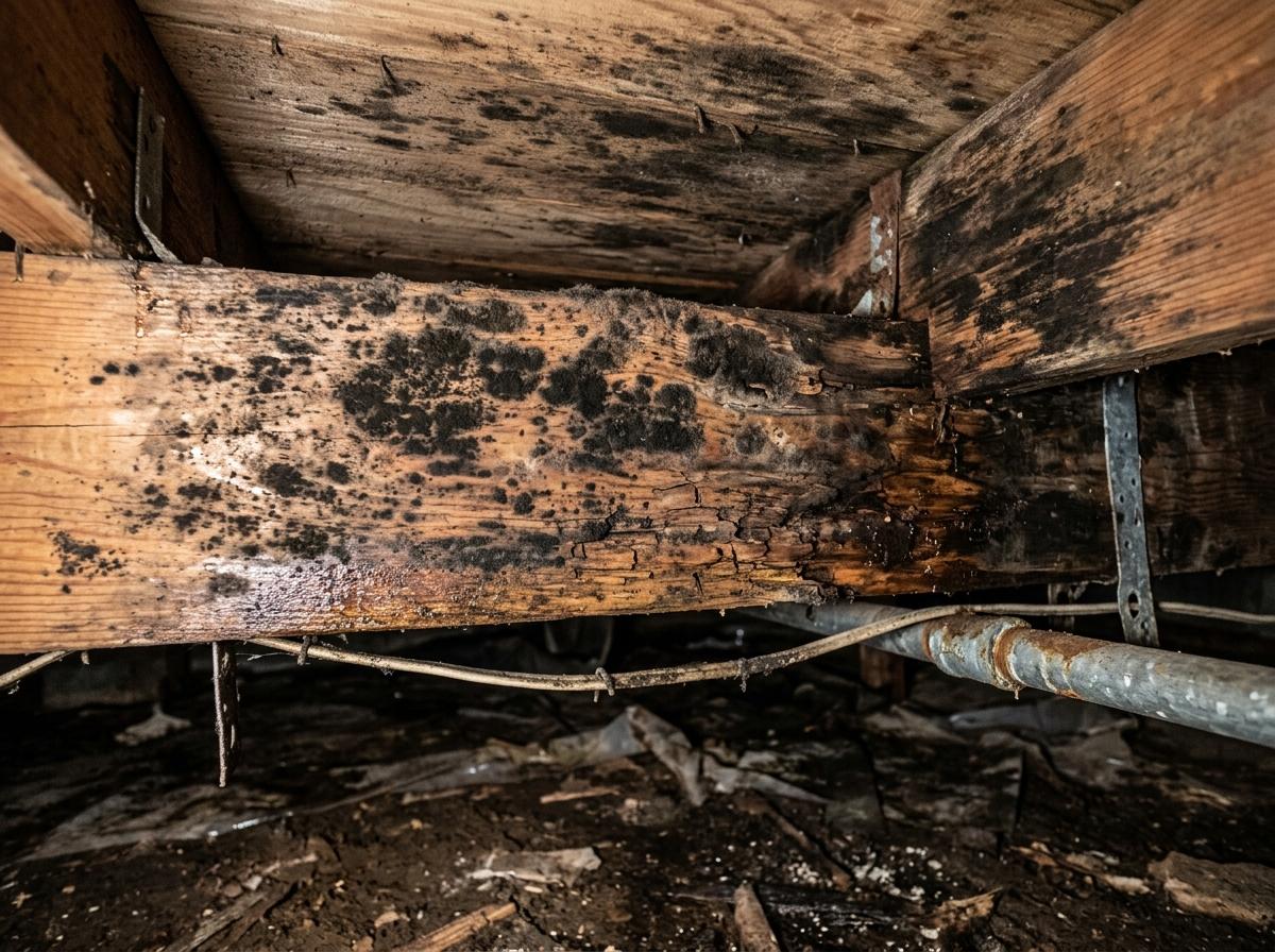 Dark and white growth on wood framing surfaces inside a Raleigh-area crawl space